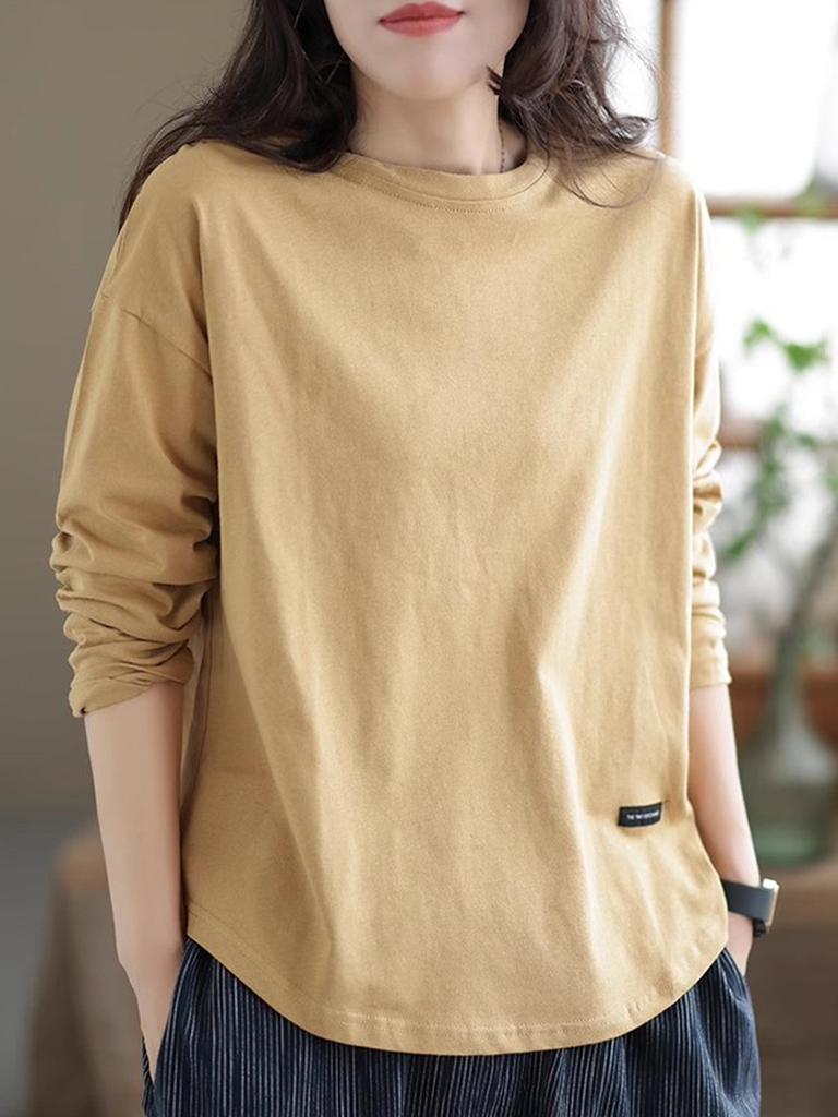 Maieu Dintr-o Singură Culoare Vintage Decupat Femei Toamnă Iarnă Stil Nou Casual Mânecă Lungă Largă Tricou Top Femei Trendy