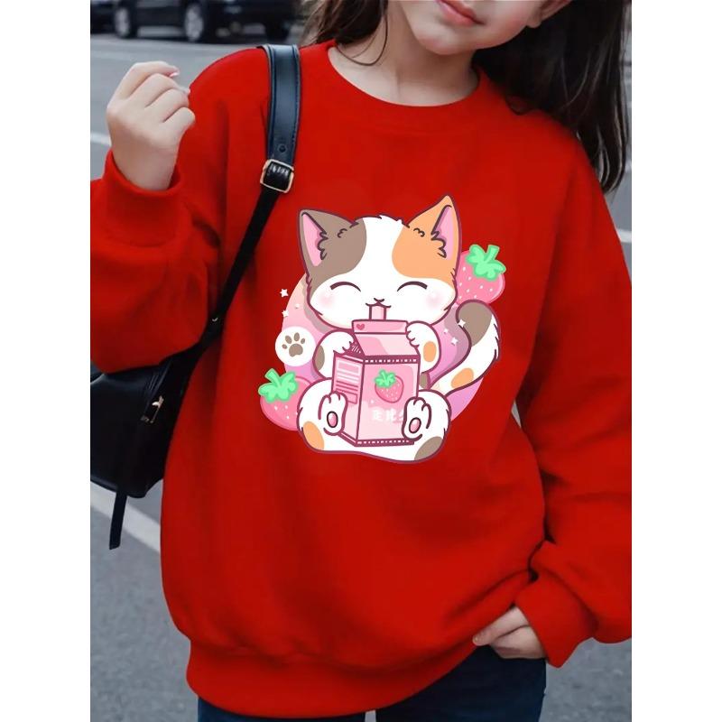 Crewneck Sweatshirt for Girls Featuring an Adorable Cat And Strawberry Milk Design, Machine Washable, Suitable for Spring And Autumn