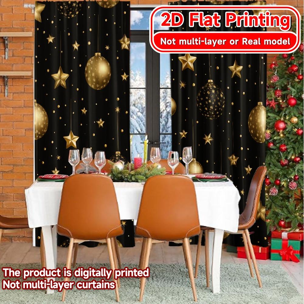 Set Of 2 Modern Flat Printing Golden New Year Curtains Polyester Decorations Perfect Curtain Semi Sheer