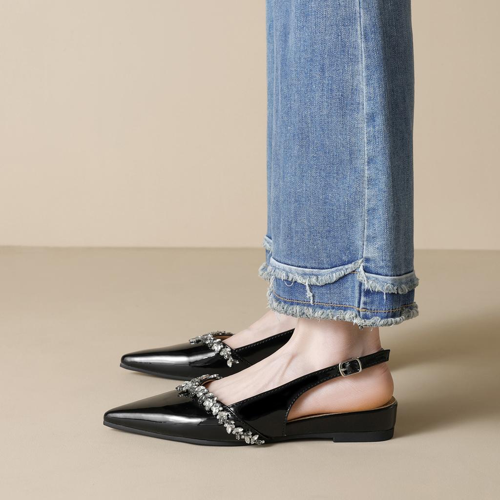 Pointed Single Shoes Women's Nude Patent Leather Word with Summer Rhinestone Bag Head Rear Empty Sandals Women