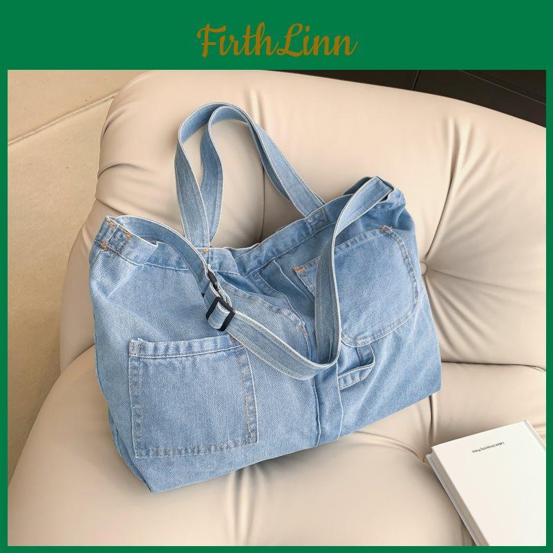 Large Capacity Soft Blue Denim Shoulder Bag Trendy Casual Design For Everyday