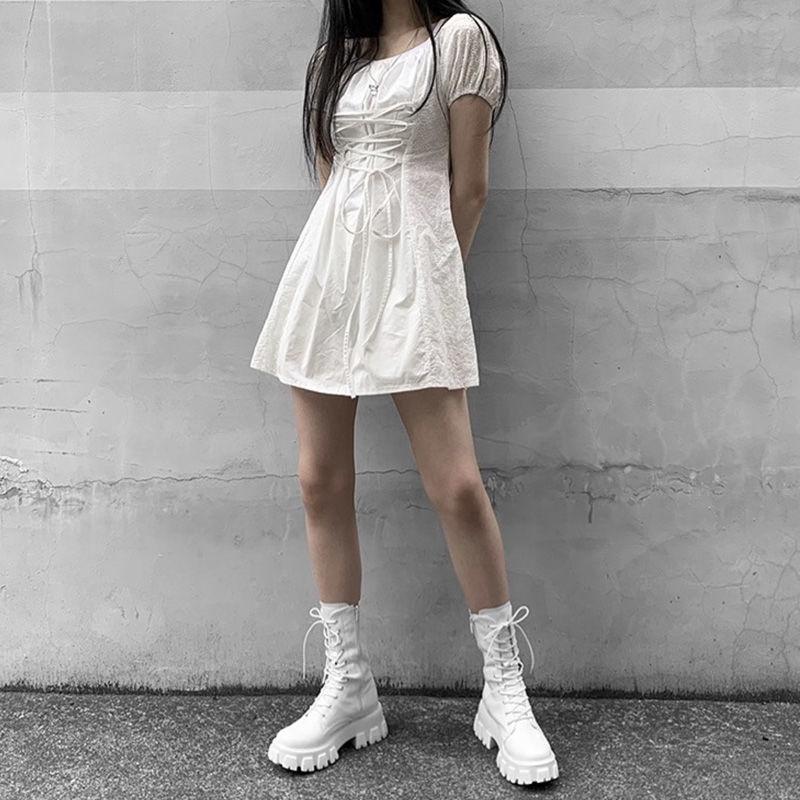 Women Mid Calf Boots Autumn Winter Fashion Lace Up Zipper Boots Sports Platform Heel Ladies Shoes