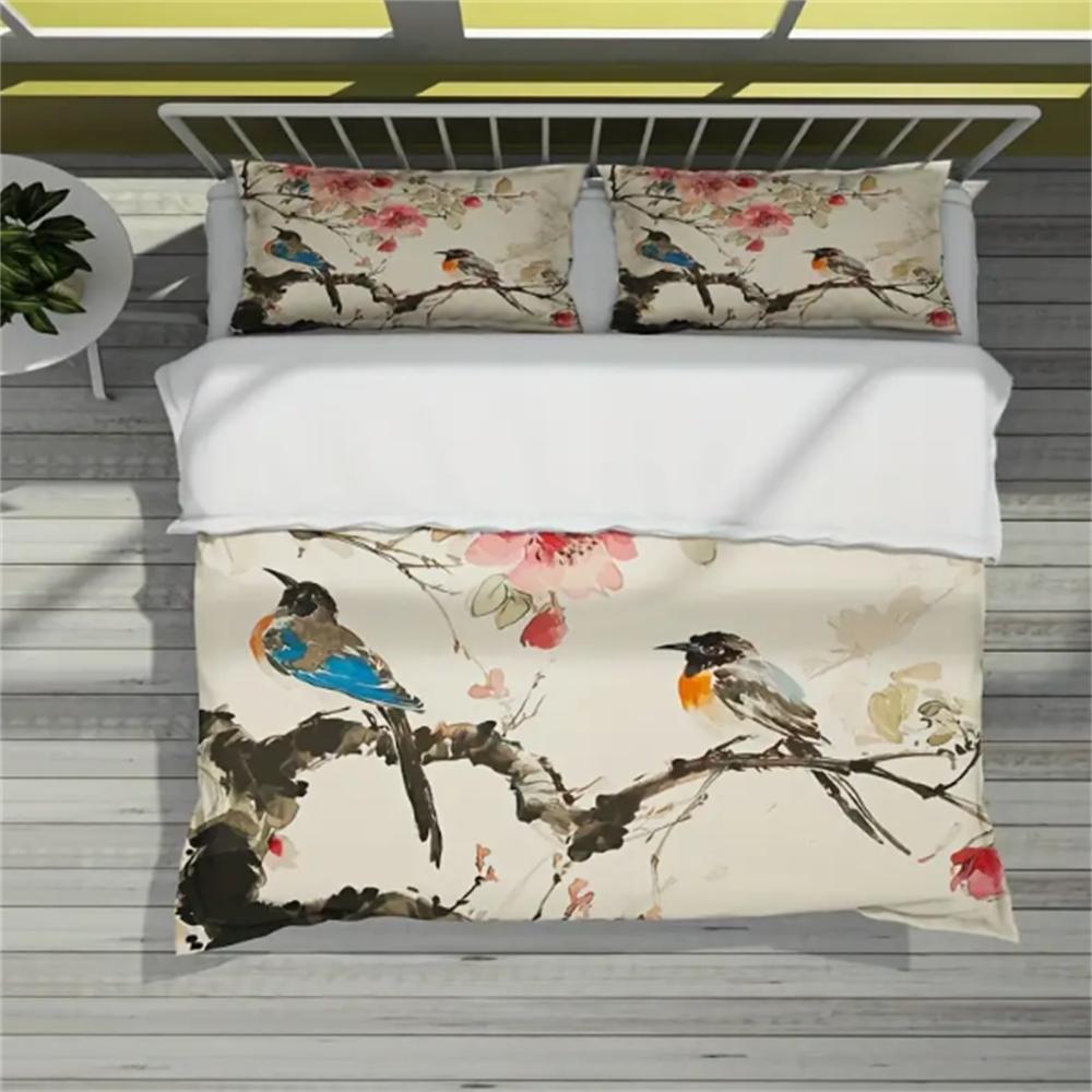 3pcs Polyester Duvet Cover Set (1*Duvet Cover + 2*Pillowcase, Without Core), Chinese Style Ink Painting Floral Bird Printed All