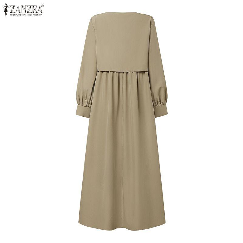 ZANZEA Women Casual V-Neck Long Sleeve Splice Loose Long Dress