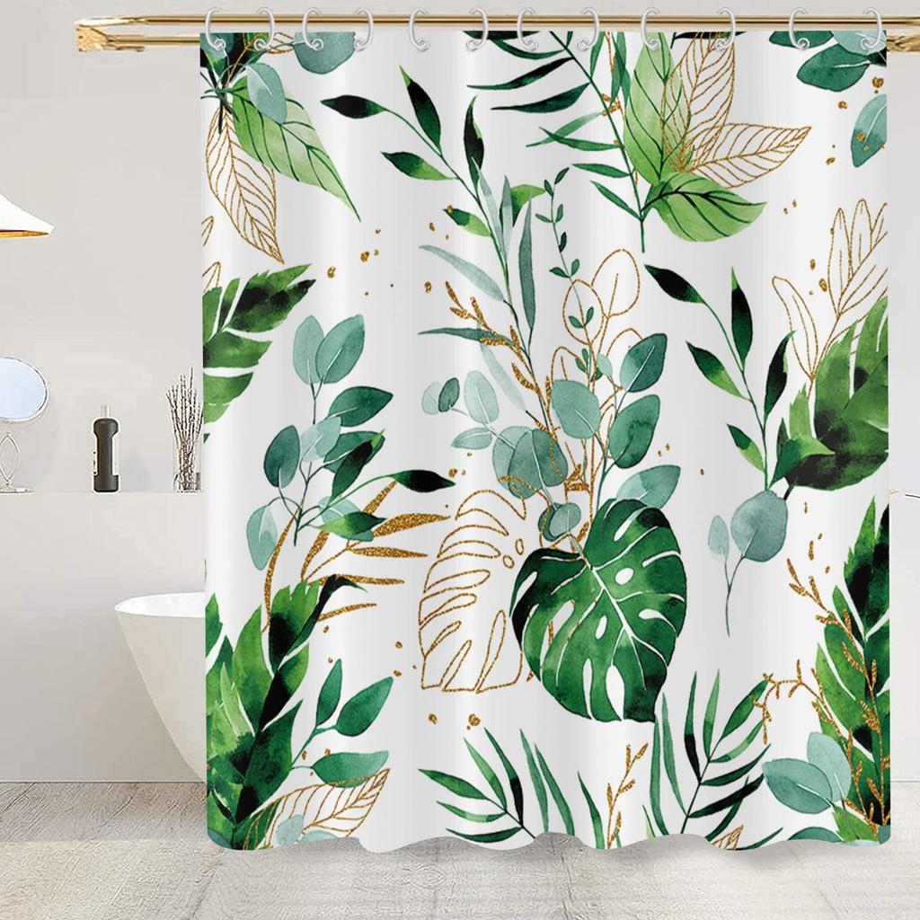 Tropical Leaves Shower Curtains, Palms Monstera Banana Leaf Green Plant Botanical Bathroom Curtains Bathtub Home Decor Machine