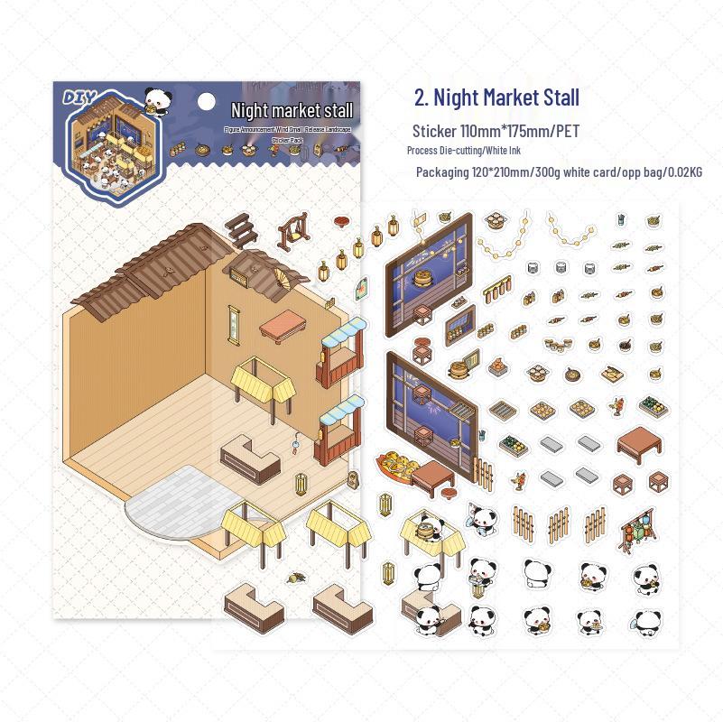 

Twilight Panda 3D Landscaping Stickers: Chinese-Style Layered House Scenes for Journals