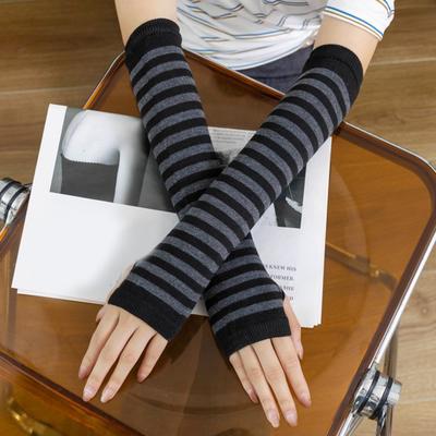 1 Pair Women Striped Fingerless Gloves Knitted Elbow Mittens for Winter Soft Stretchy Arm Warmers Christmas Gift