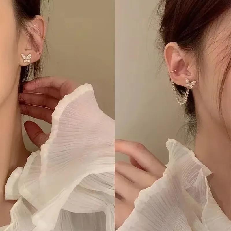 French Vintage Zircon Butterfly Pearl Chain Tassel Earbone Clip Women's Elegant and Versatile Creative Crowd Jewelry Earrings