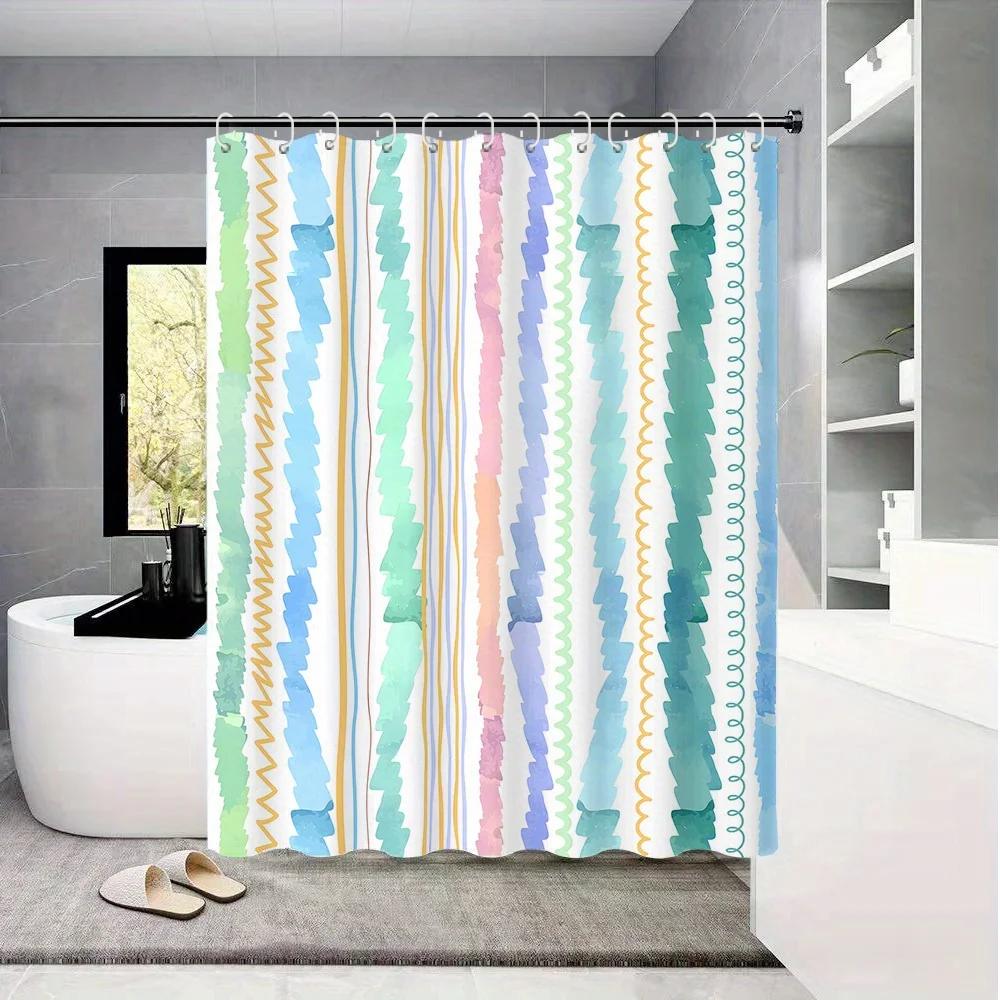Spring Shower Curtain - Digital Print, Hand-Painted Irregular Stripe, Waterproof, Bath & Toilet Partition Decor, 1pc