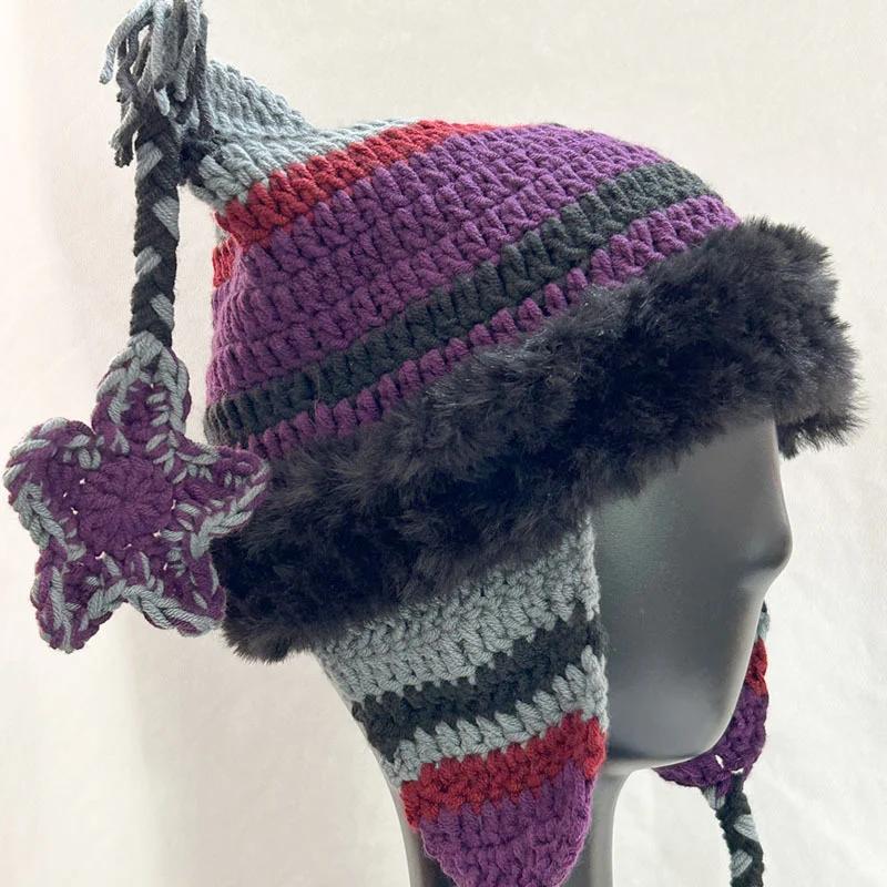 Japonský designér Pentagram Čepice Beanie Dámská Podzim Zima Teplá Ochrana uší Ručně pletená čepice Kočičí uši Pruhovaná čepice Y2K