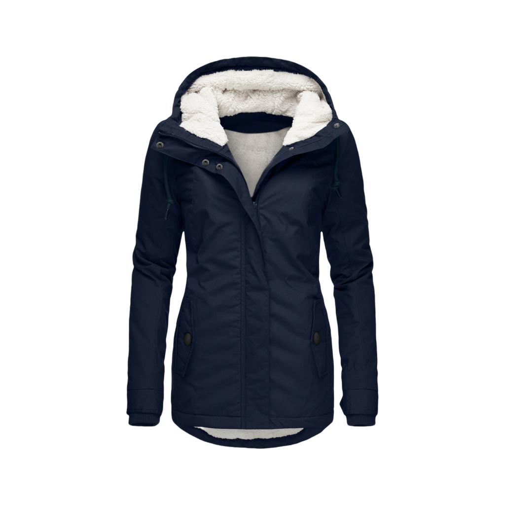 Women's Hooded Sherpa Lined Midi Coat Solid Color Zip Up Warm Winter Casual Outerwear Jacket