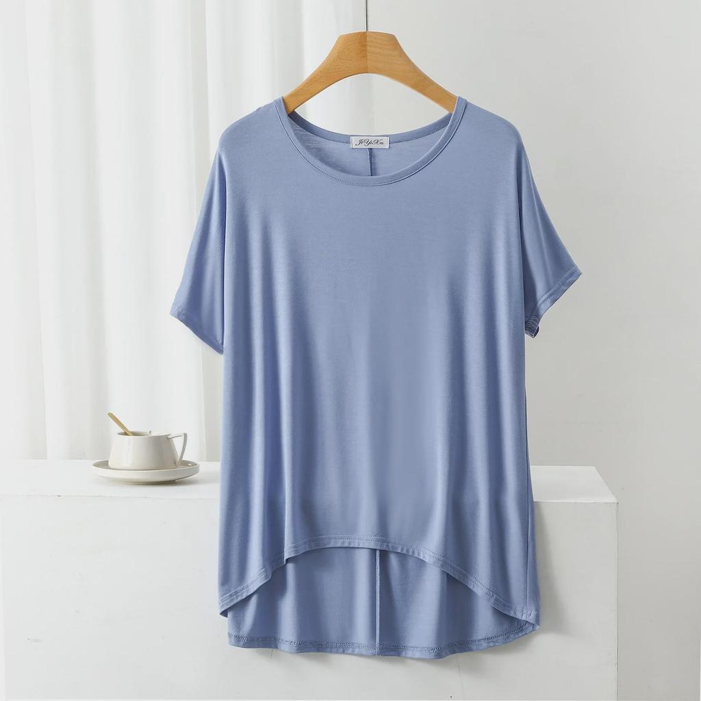 Sommar Lös Passform Modal T-shirt: Kort fram, lång bak, Plusstorlek Fladdermusärm
