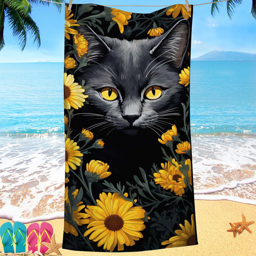 Cat Print Pattern Digital-printed Polyester Superfine Fiber Double-sided Fleece Beach Vacation Bath Towel, Beach Towel