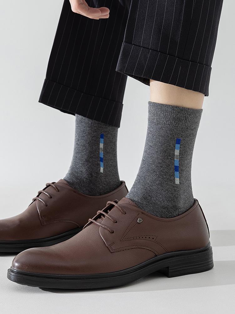 5-Pair Men's Black Mid-Calf Socks: Pure Cotton, Sweat-Absorbent, Odor-Resistant, Comfortable for Business & Casual Wear, Ideal for Autumn & Winter.