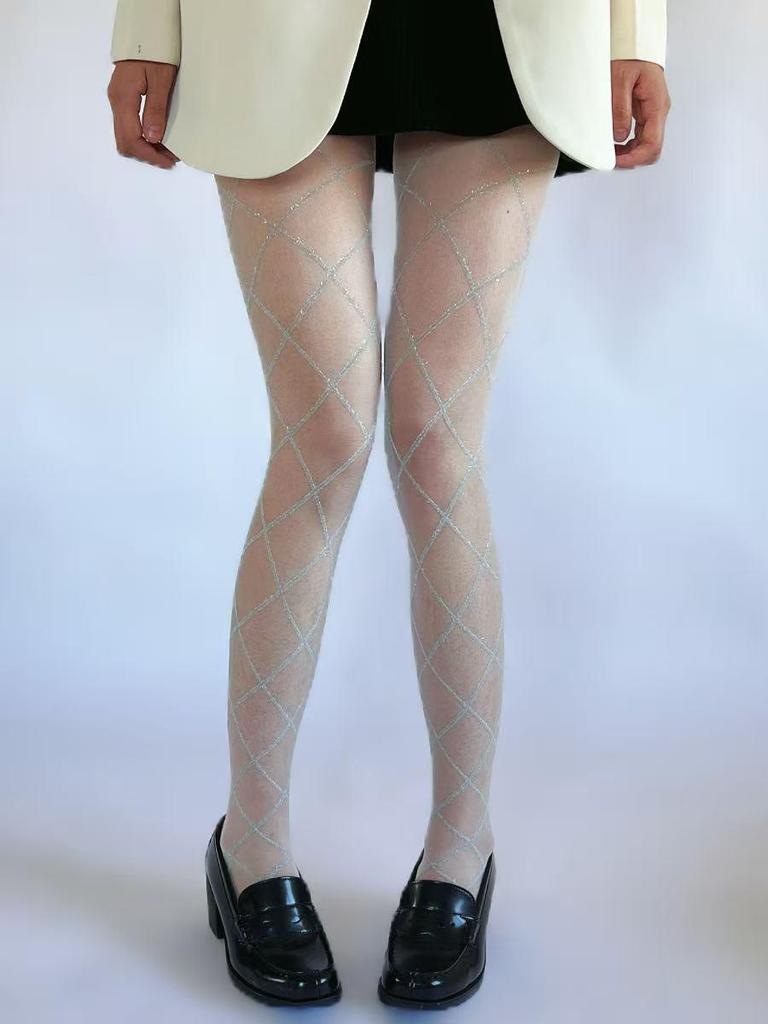 Silver Rhombus Jacquard Silk Stockings for Women - Ultra-Thin, Bling, Milky White, Slimming, Retro Black Base.
