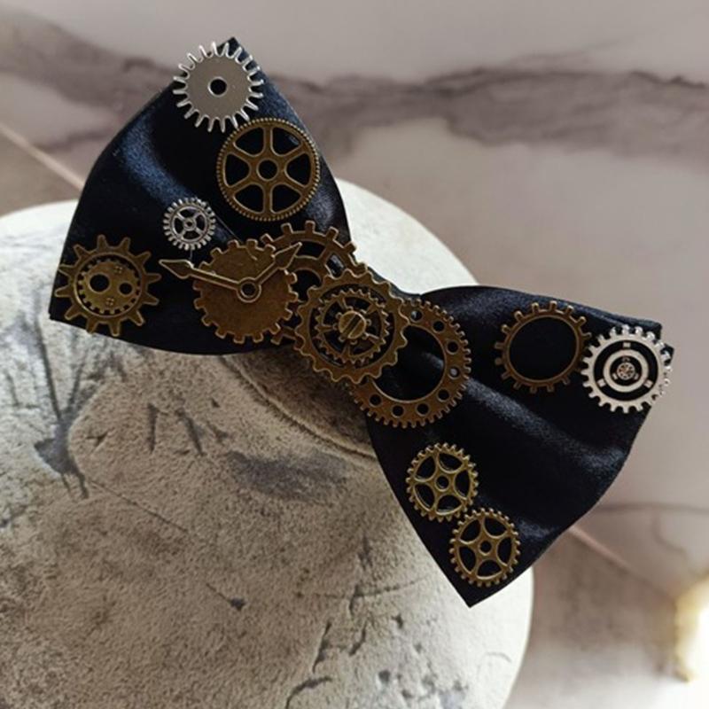 Vintage Ribbon BowTie with Blingbling Gear Adjustable Jewelry French Collar Gear Elegant Collar Punk Gear Cravat