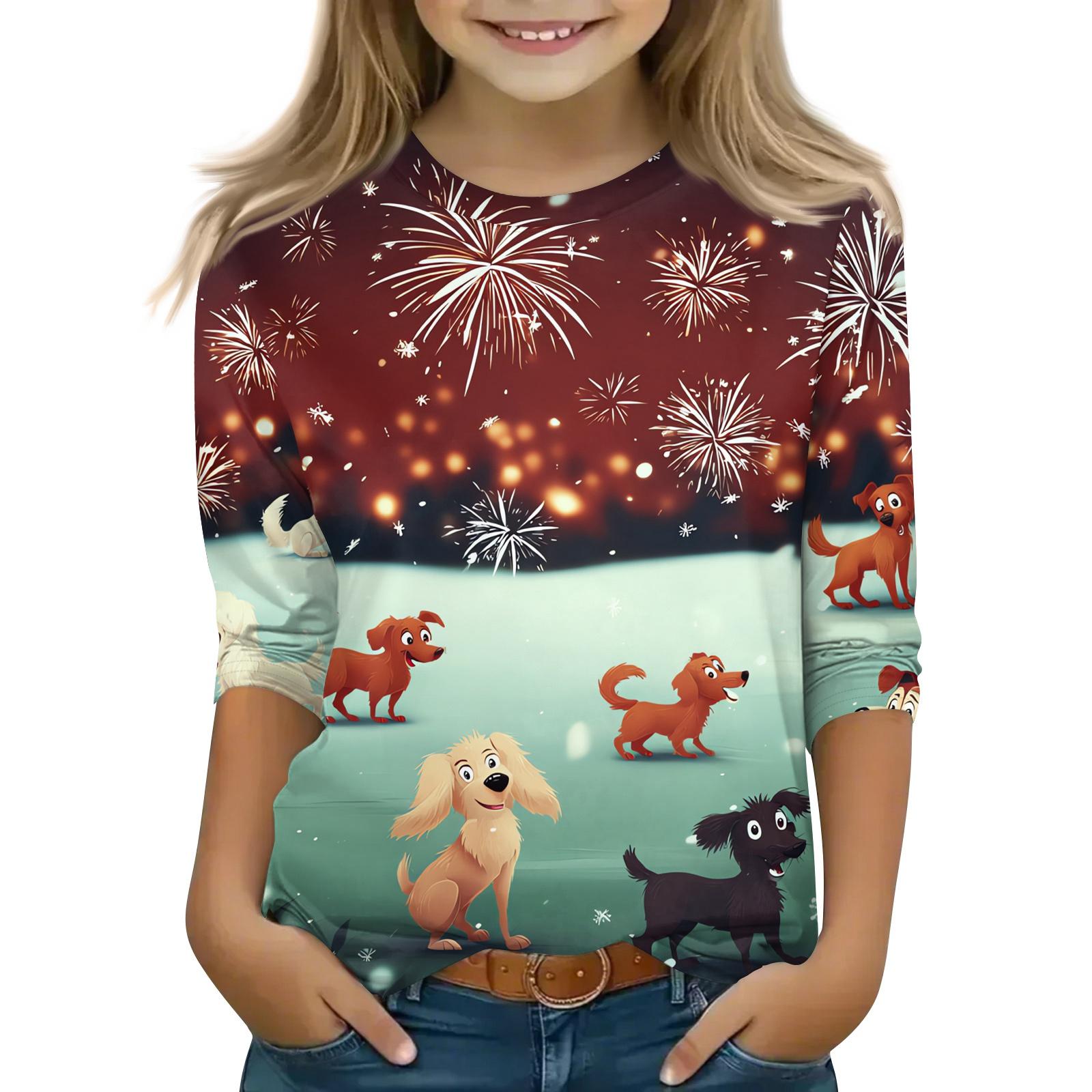 

Рождественские детские топы с рукавом 3/4, повседневная футболка с принтом, на каждый день, пуловер с круглым вырезом, блузка 160