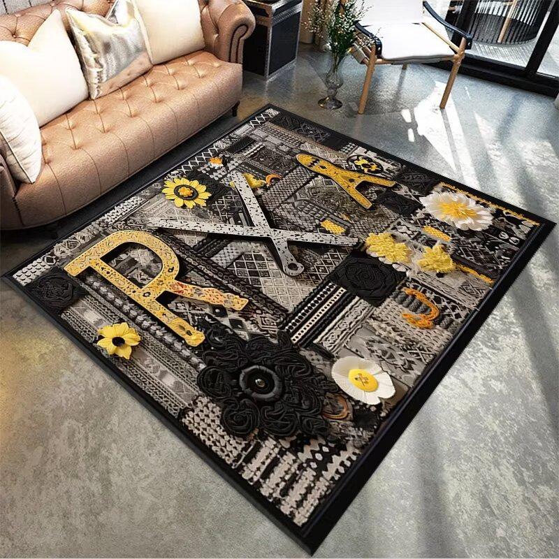 Mechanical Style Letter Printing Large Area Rug Non-Slip Wear-resistant Carpet for Living Room Bedroom Soft Floor Mat Home Decor