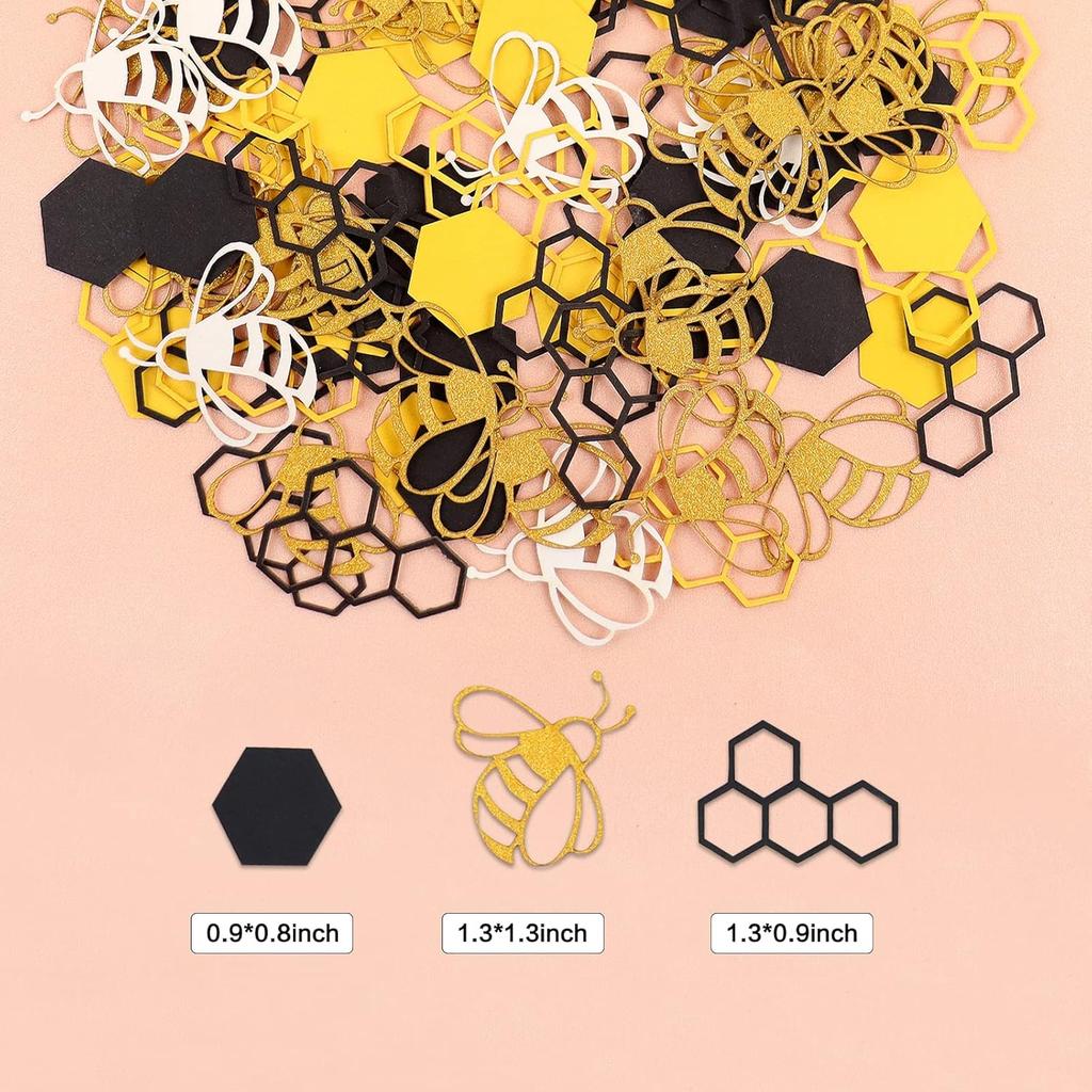 100PCS Bee Confetti Bee Dot Stripes Yellow Black Circle Honeycomb Hexagon Confetti for Baby Shower Themed Bee Birthday Table Decoration Supplies