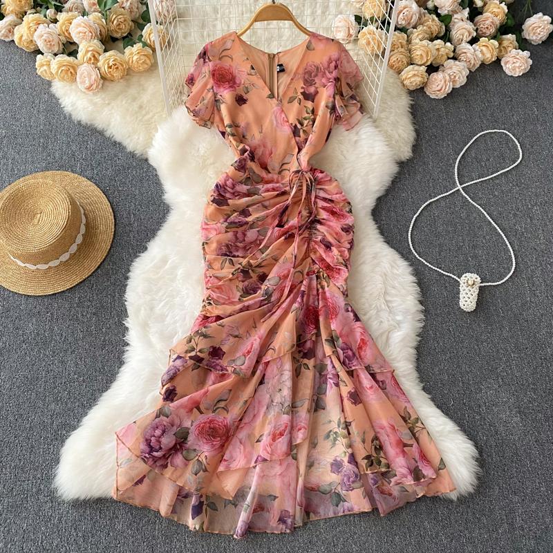 Chic Drawstring Bodycon Short Sleeve Vneck Dress Wrap Dresse Fashion Vestidos Women Vintage Spring and Autumn Trumpet Dress