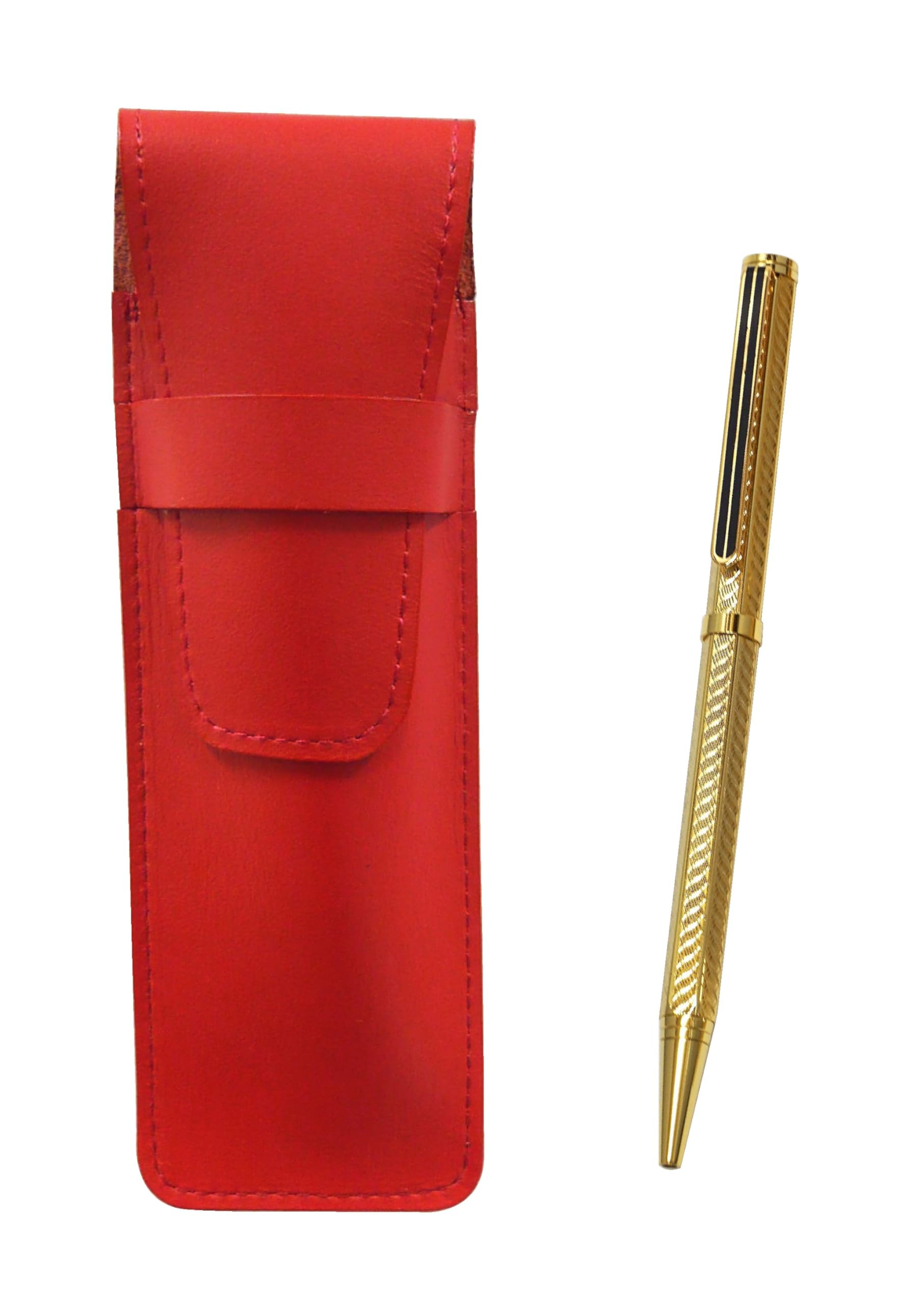 

slim cowhide leather pencil case in red with a brass hexagon rotating gold ballpoint pen set Two-pack (T23-ASR-6KSBP-K-2) золотой