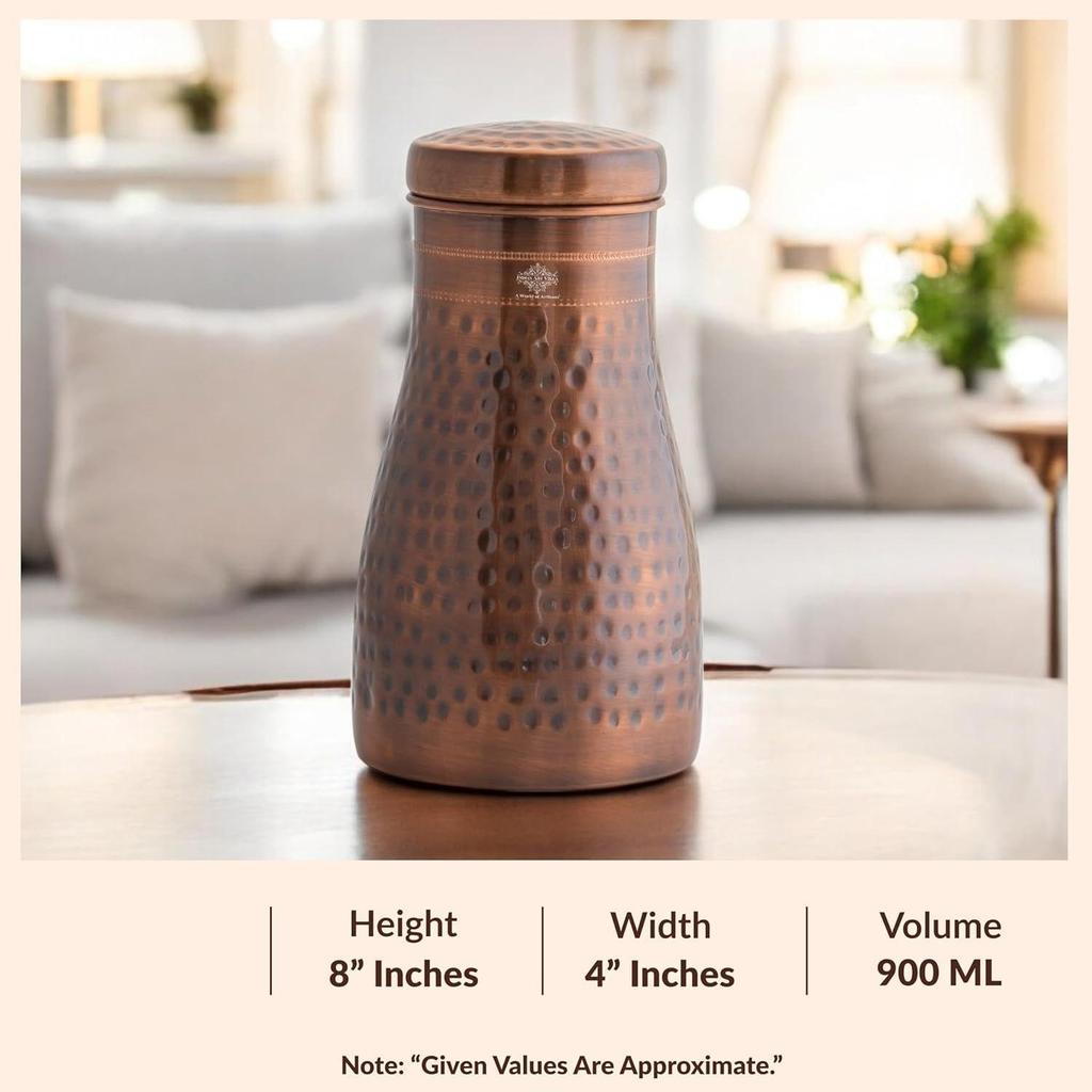 Reine Kupfer Schlafzimmer Wasserflasche mit eingebautem Glas, gehämmertes antikes Design Volumen 900 ml (2er-Pack)