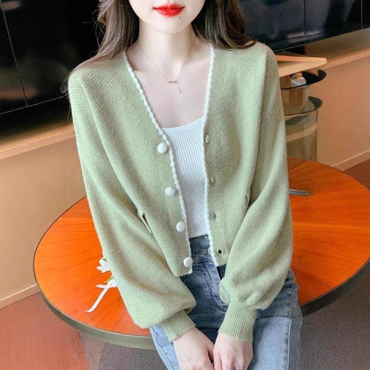 Damen Frühling Herbst Locker V-Ausschnitt Langarm Strickjacke Pullover Jacke Kleiner Duft Vielseitig Neu
