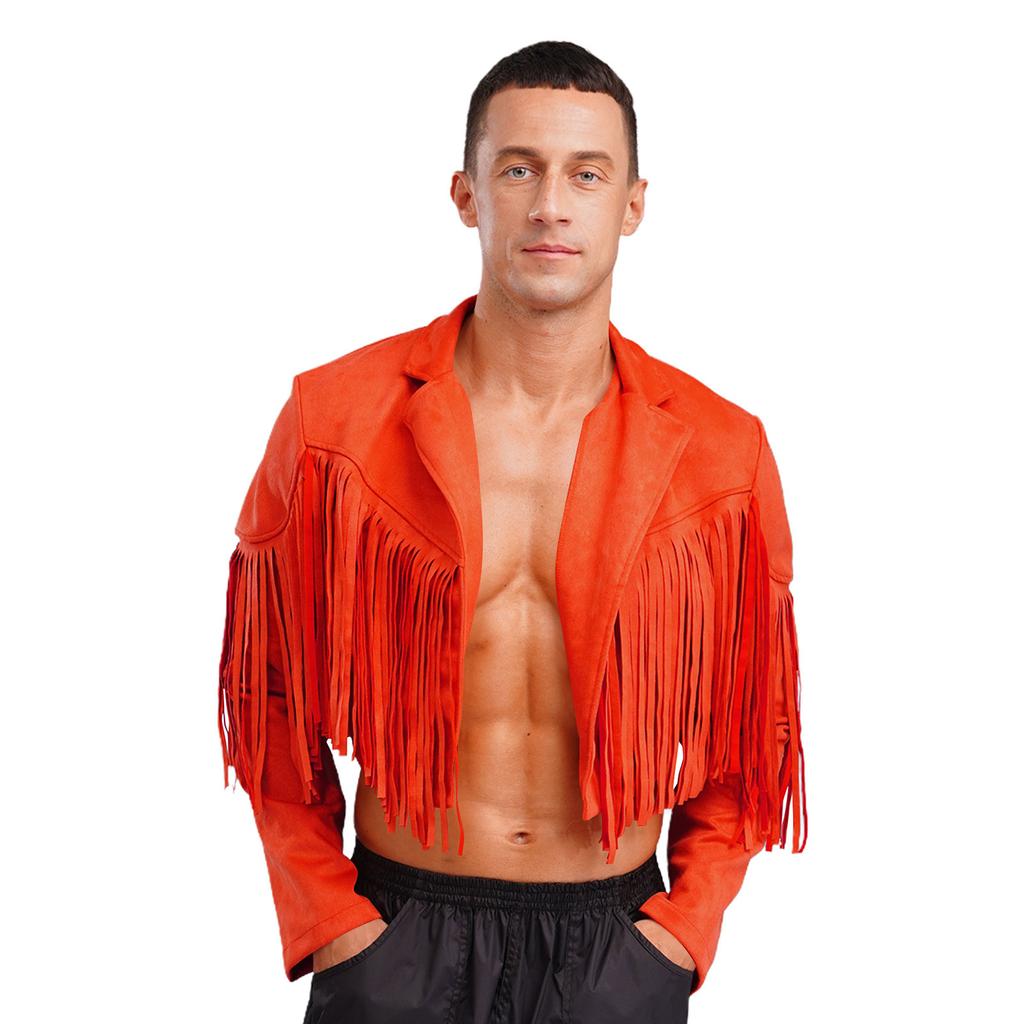 Herren Fransen Wildlederimitat Jacke Cropped Design Reverskragen Langarm Offene Vorderseite Strickjacke 80er Hippie Cowboy Stil