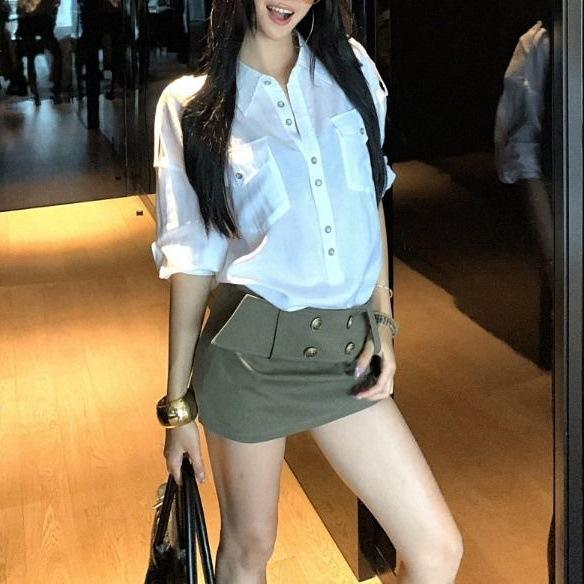 White polo collar long-sleeved shirt women's 2026 summer new loose shirt niche casual cardigan top set