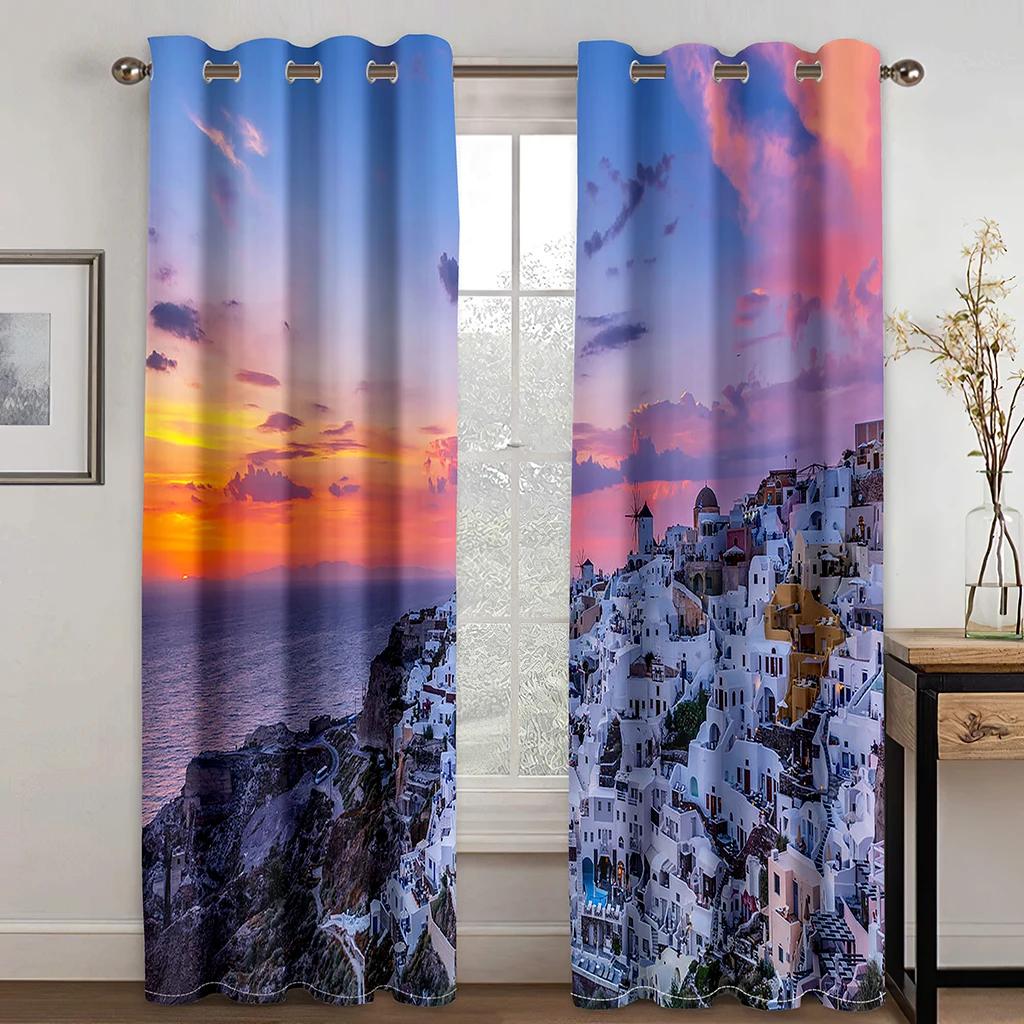 Vacation Style High Shading Curtain Aegean Sea Santorini Island Beach Blackout Curtains for Bedroom Living Room Hotel Window