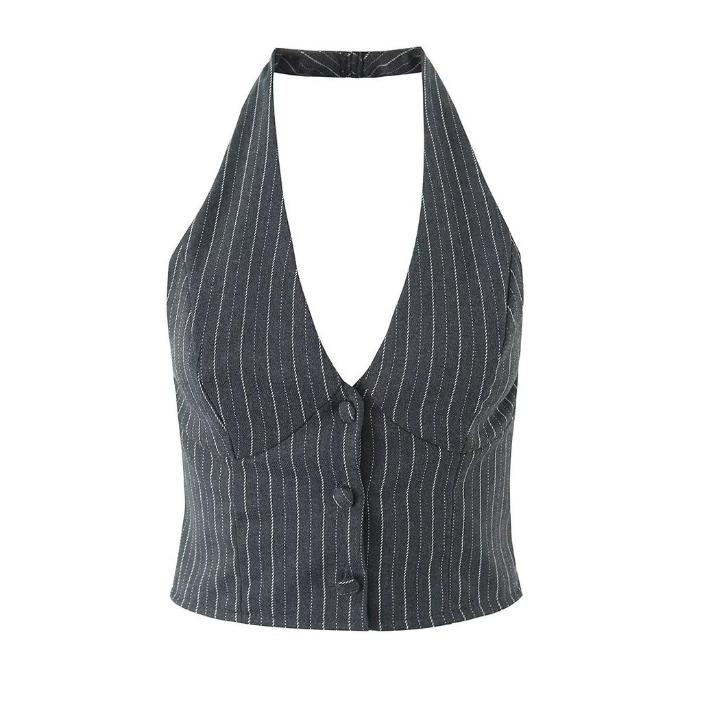 European and American style, new women's clothing, fashionable single-breasted neck vest striped cake skirt