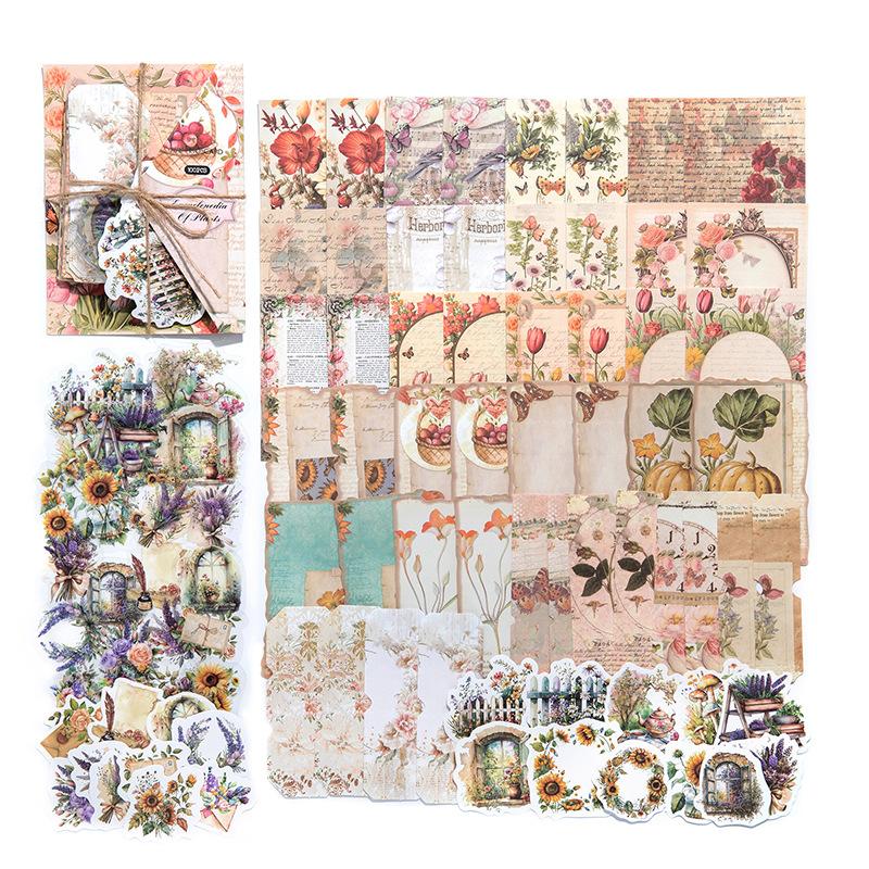 100Pcs Set Vintage Mixed Kit Sticker & Paper 2-in-1 Scrapbook Collage Literary Distressed Decor Supplies