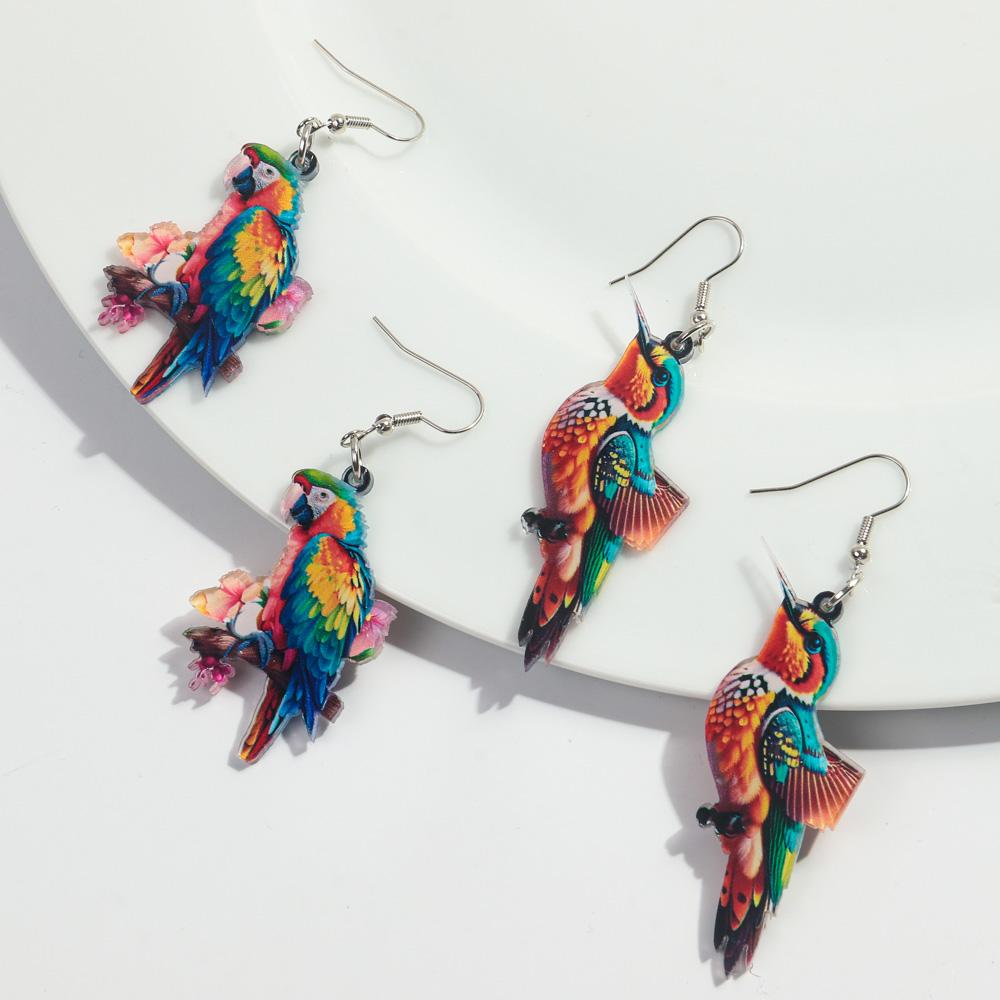 Creative Cute Flowers Parrot Birds Acrylic Drop Earrings Personality Colorful Painted Animals Danle Earrings for Women Jewelry