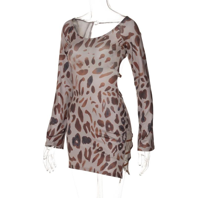 Leopard Print Halter Long Sleeve Dress Spring Women's Sexy Spice Short Dress
