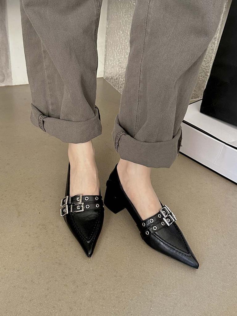 Fashion Fashion Women Loafers Pumps Pointed Toe Belt Buckle Rivet Design Slip On Autumn Spring Sexy Office Pumps Mules 35-39 Black Brown