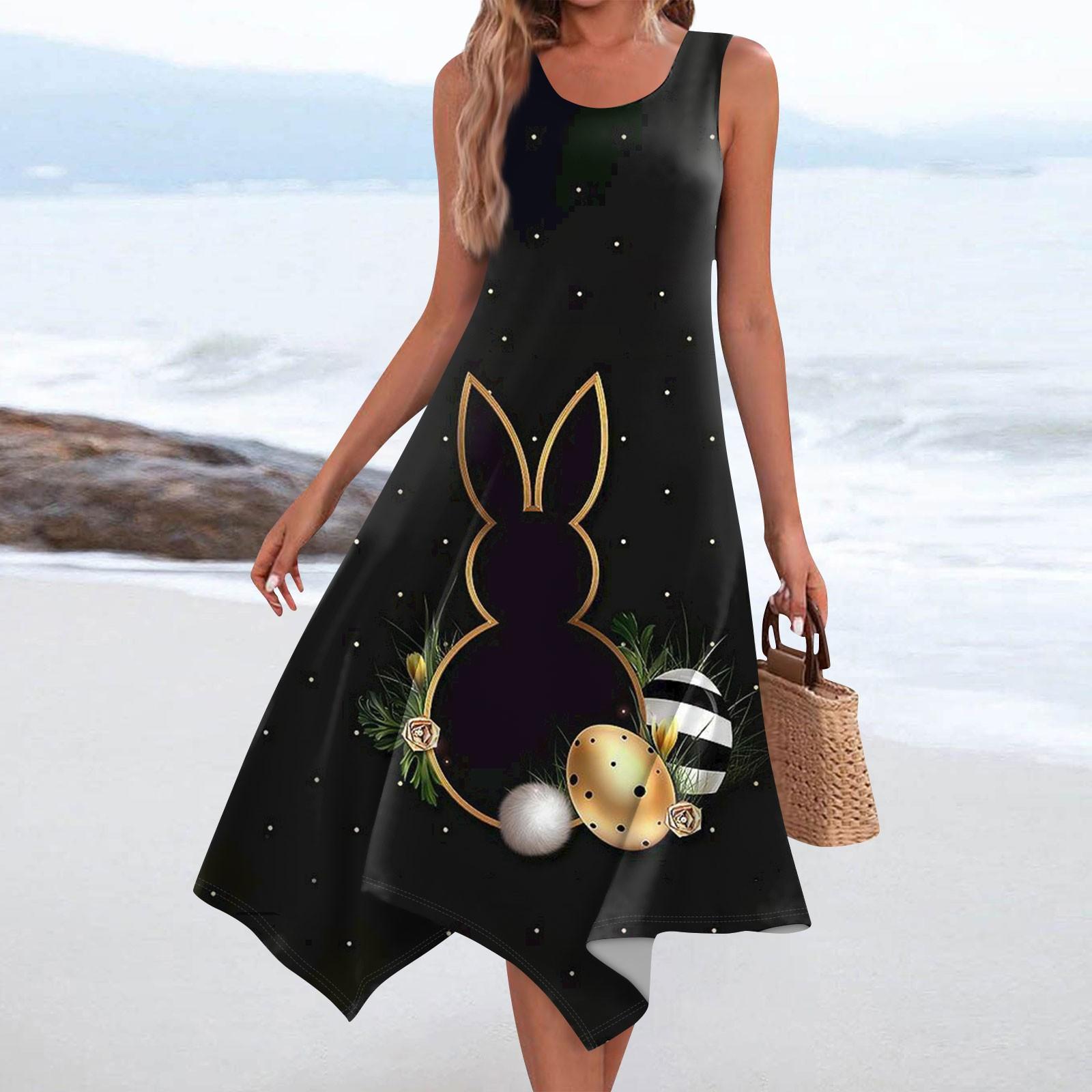 Women s Casual Fashion Round Neck Sleeveless Print Irregular Hem Midi Dress L