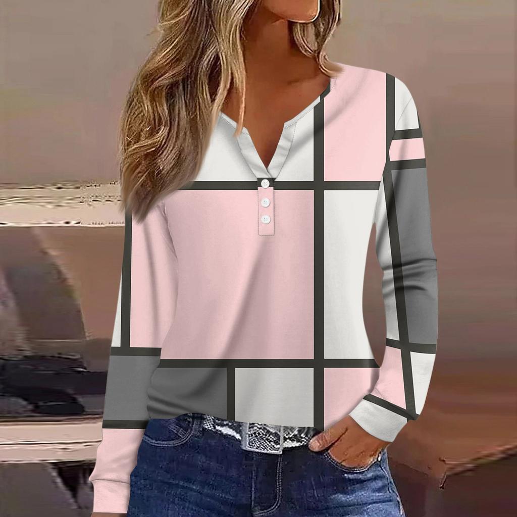 Dámské tričko Tričko Knoflíček Dlouhý rukáv Denní víkendová móda Basic Top s výstřihem do V