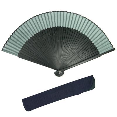 Pure Silk Plain Black Rib Folding Fan Set Fan Rib [Kyoetsu] 2-Piece (Folding Fan, Case) Men's (Black 5)