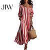 Lightweight Polyester Dress Summer Women Striped Long Dress, Off Shoulder Sleeve Casual Ankle Length Loose Swing with Side Pocket Outfit