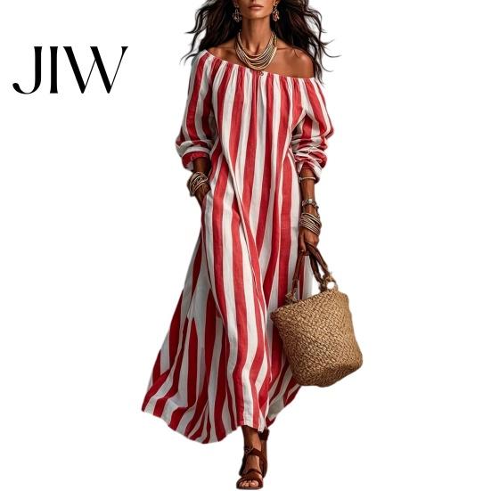 Lightweight Polyester Dress Summer Women Striped Long Dress, Off Shoulder Sleeve Casual Ankle Length Loose Swing with Side Pocket Outfit