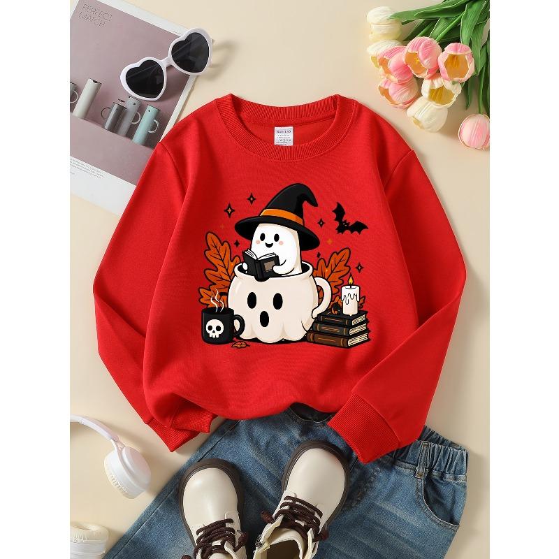 Kids Halloween Long‑Sleeve Crewneck Sweatshirt, Fun Halloween‑Themed Printed,Daily Casual Top for Spring & Autumn