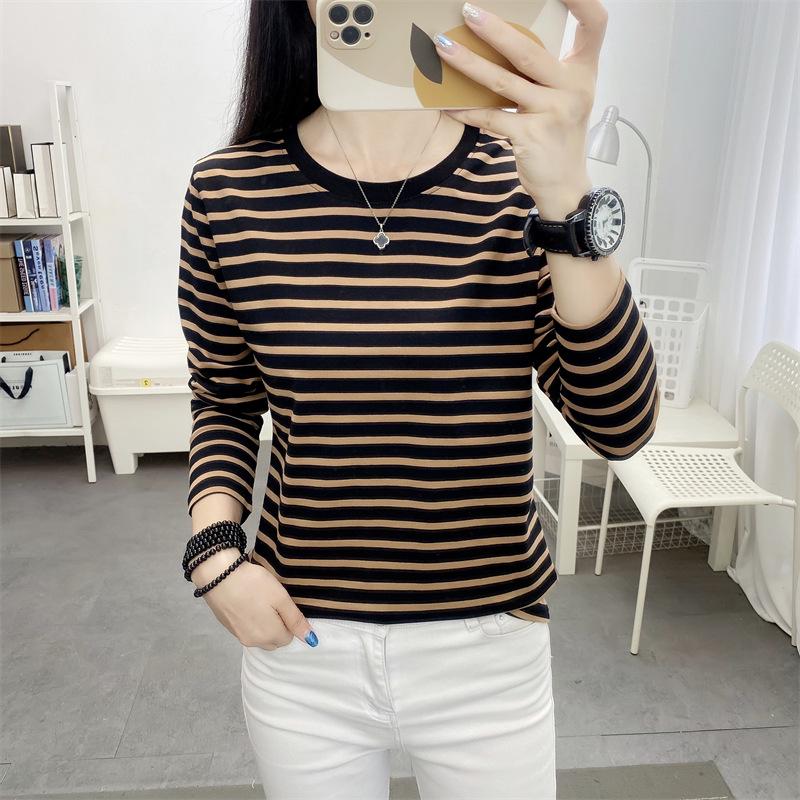 Women's Plus Size Striped Long Sleeve Cotton T-Shirt - Autumn Collection for Middle-Aged Moms