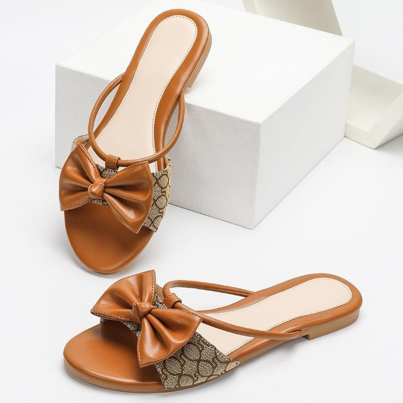 Fashion Elegant Pointed Toe Bow Narrow Band Flat Slippers Women Sexy Open Toe Non-slip Large Size Flat Shoes Comfort Vacation Beach Shoe