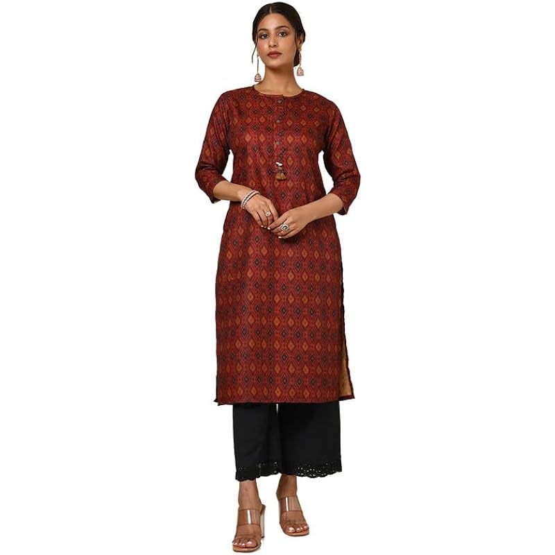 Soch Womens Maroon Linen Blend Ikat Print Kurta with Tassels