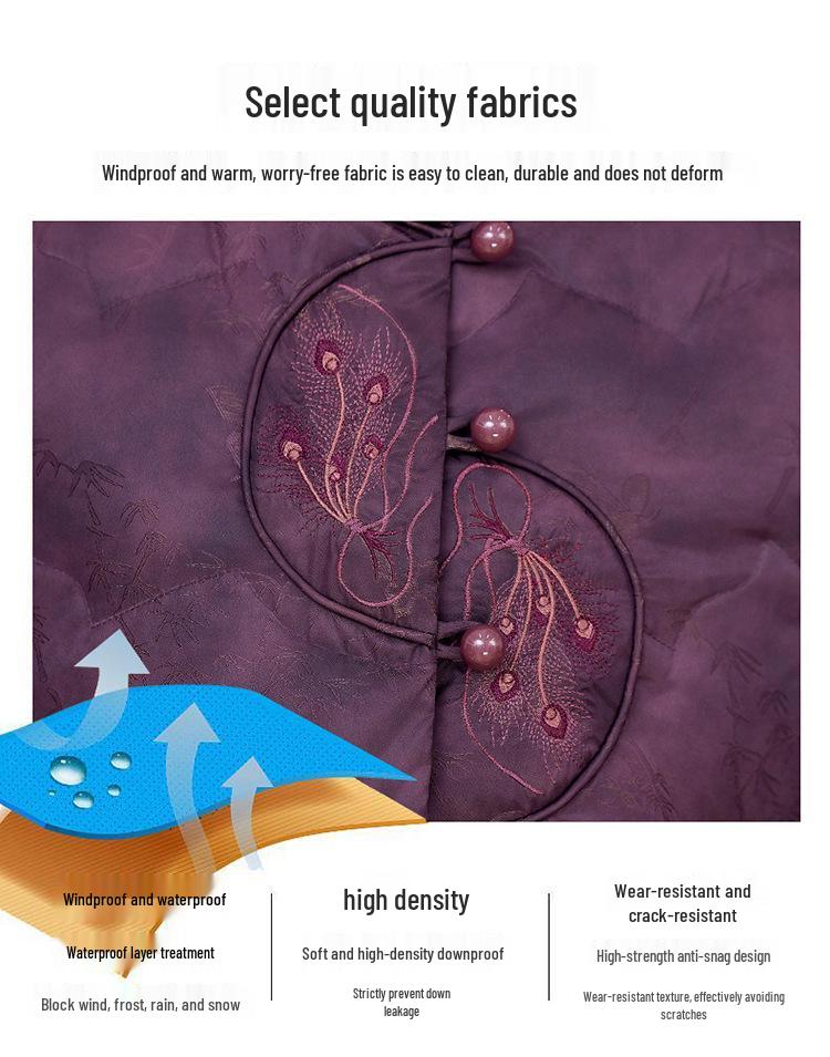 Vintage Rote Daunenjacke im chinesischen Stil für mittelalte und ältere Frauen, Warmer Wintermantel mit Entendaunen