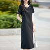 Acetic Acid Satin Round Neck Dress for Women Summer Thin Beads Retro Pleated Loose and Versatile Mid-length Skirt