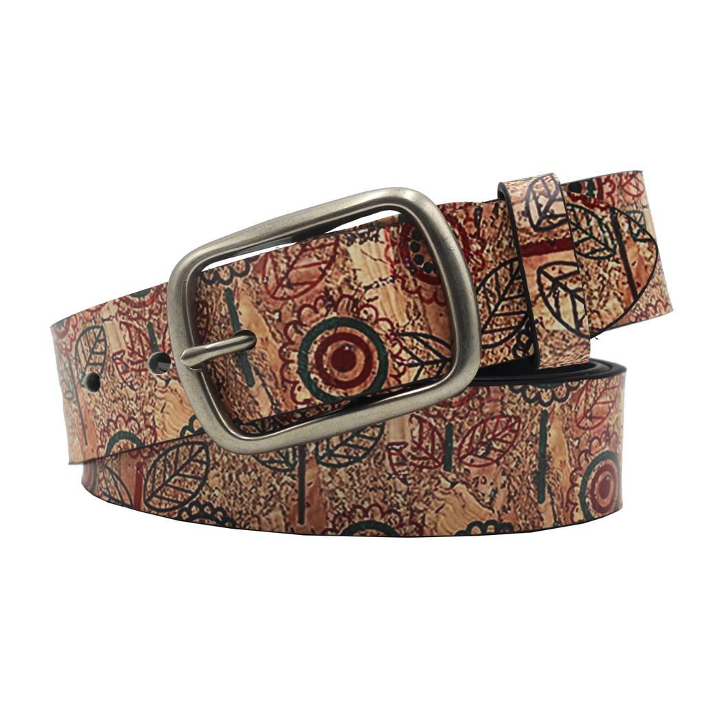 Original Design Ins Leaf Pu Printed Belt, Niche Design Full Pin Buckle Belt