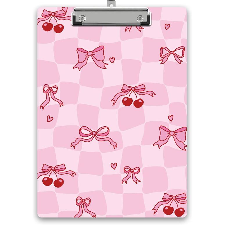 Pink Bow Clipboard, Cherry Wooden Clipboard with Low Profile Metal Clip, Preppy Clip Boards Gifts for Doctors Nurses Teachers Students Women Kids,