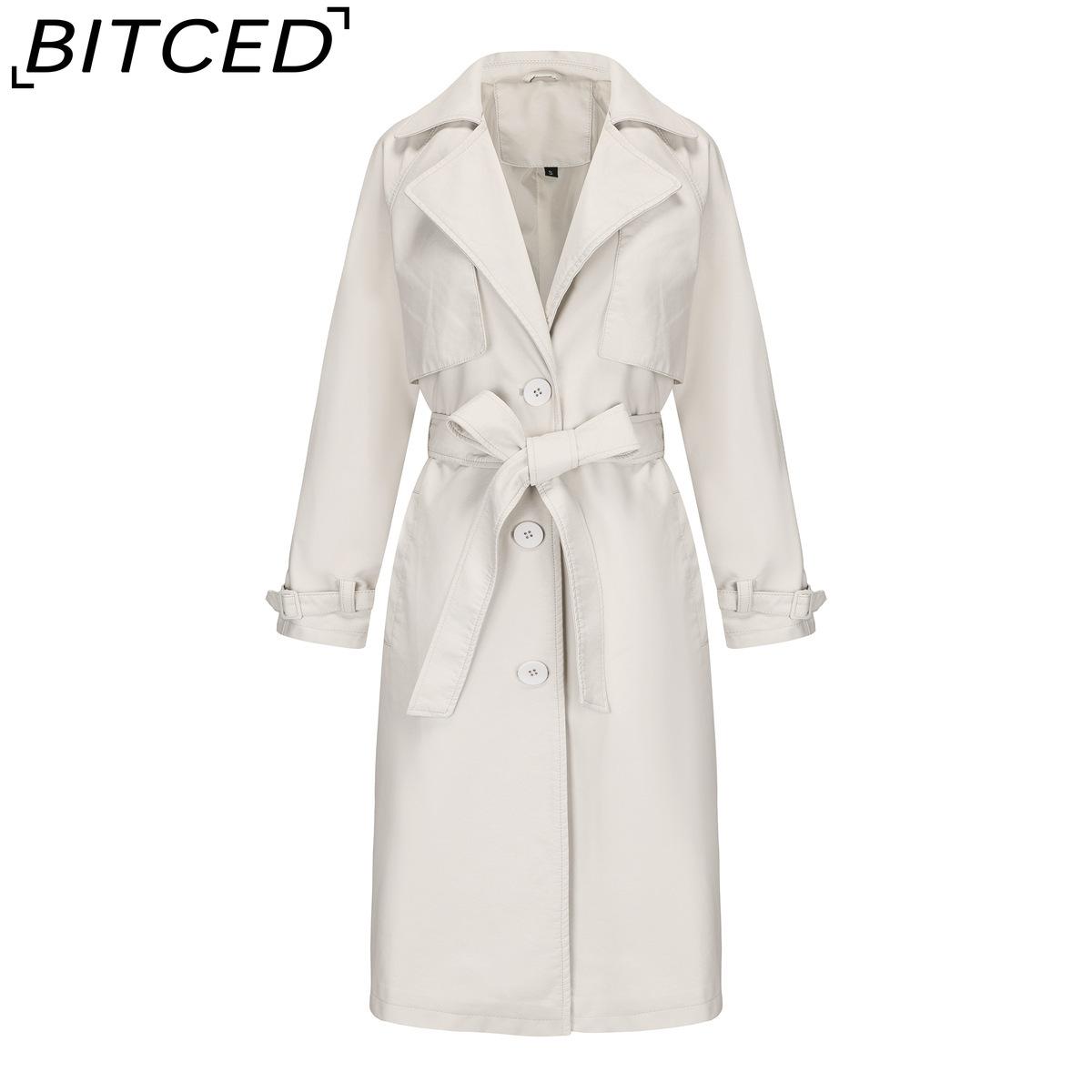 

BITCED Spring/Autumn Women s Trench Coat - Long, Loose-Fit Jacket in PU Leather Classic Women s Collared Coat with Belt XXL белый