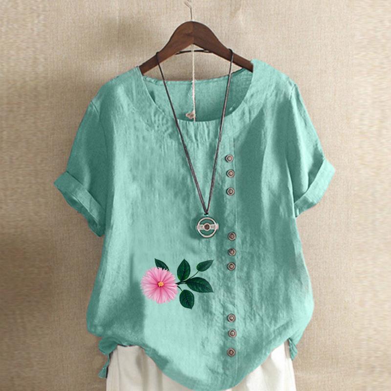Damen T-Shirt mit Rundhalsausschnitt, kurzärmelig, Blumenmuster, Leinenhemd, Sommer, lässig, Übergröße